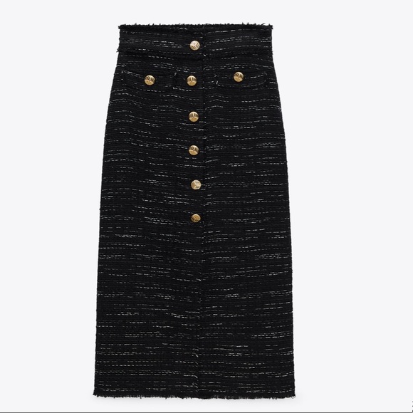 ZARA Black Tweed Textured Gold Buttons Skirt - Picture 10 of 11
